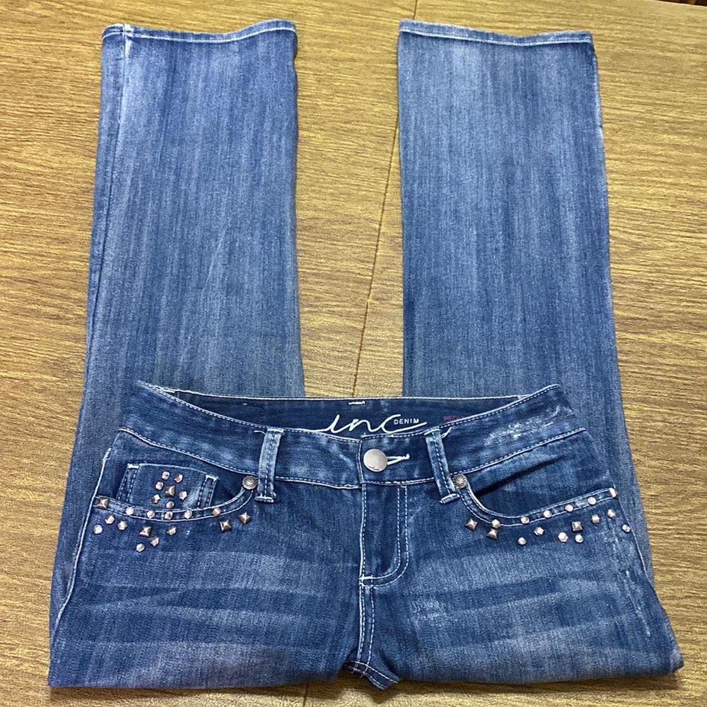 Inc Denim Regular Fit Boot Leg Lightly Distressed Studded Accents Blue Jeans 2P